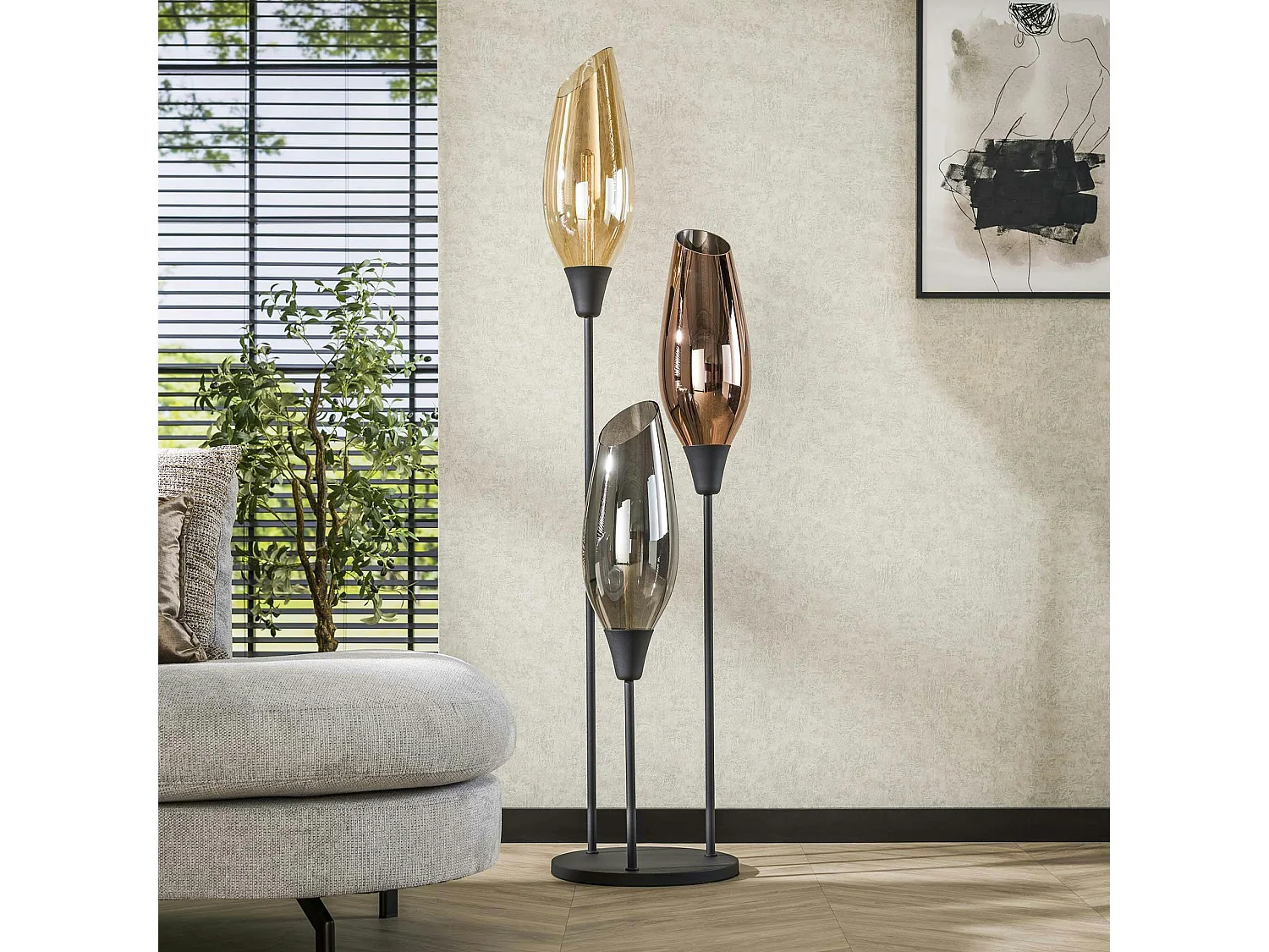 Lampadaire vintage XL avec abat-jour en verre forme torche NIAGARA