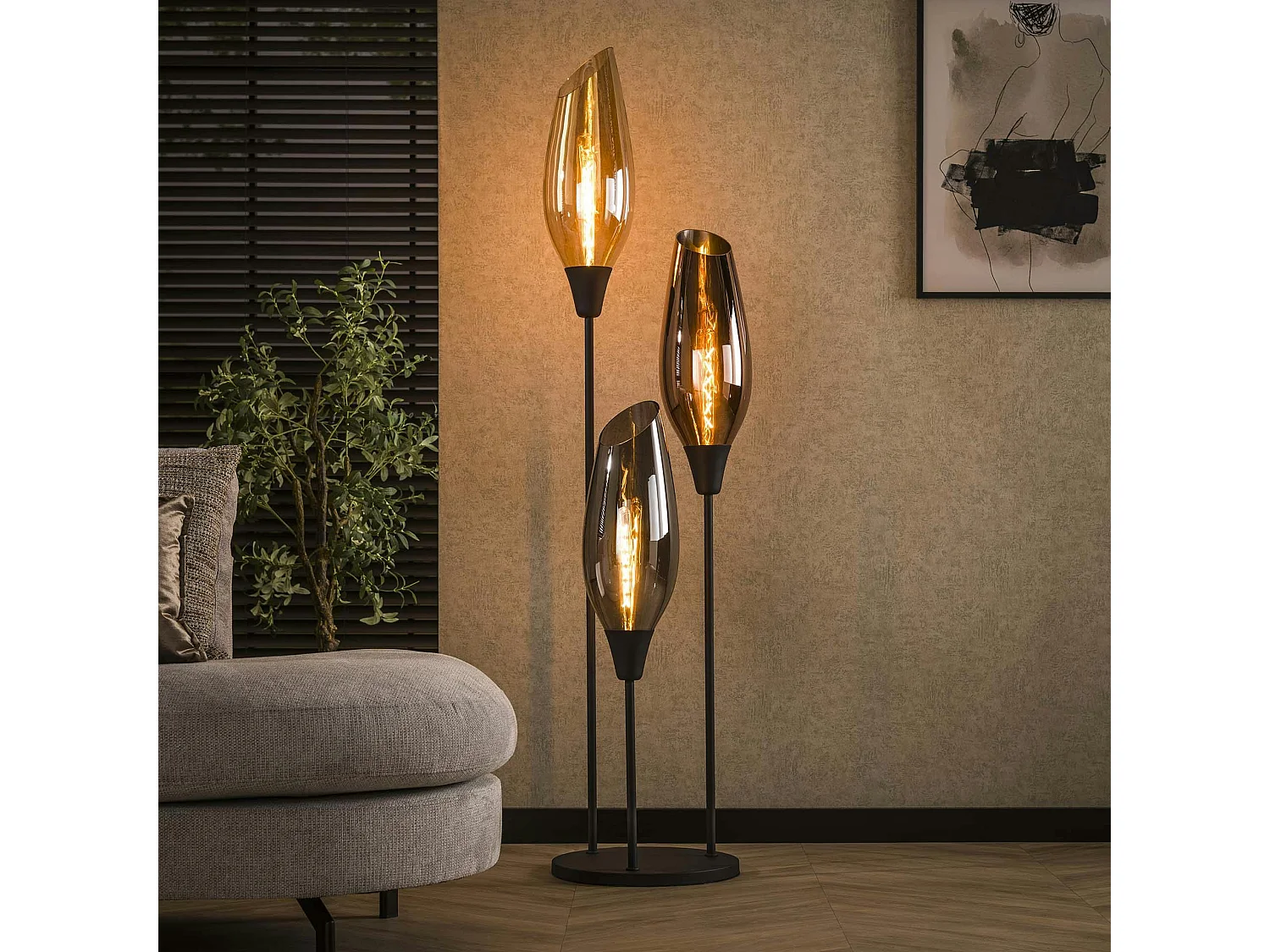Lampadaire vintage XL avec abat-jour en verre forme torche NIAGARA