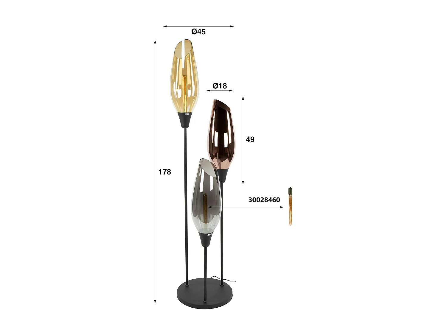 Lampadaire vintage XL avec abat-jour en verre forme torche NIAGARA