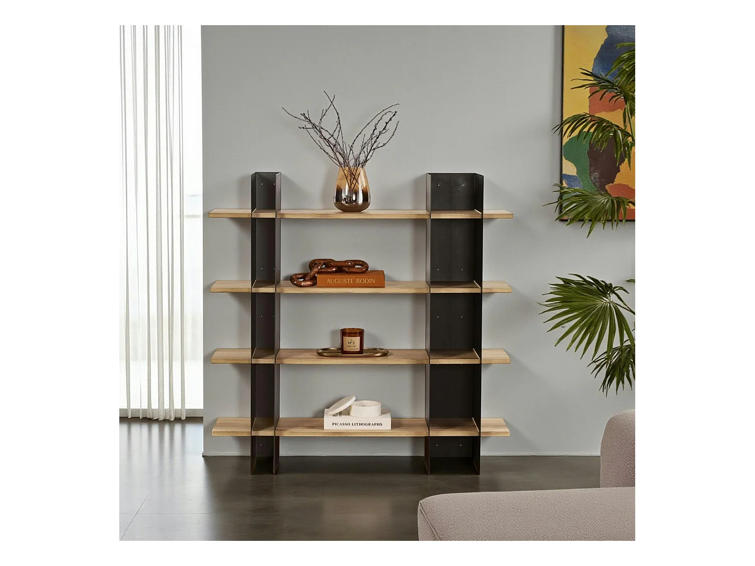 Bibliothèque étagère moderne 4 plateaux - niches noires JENA