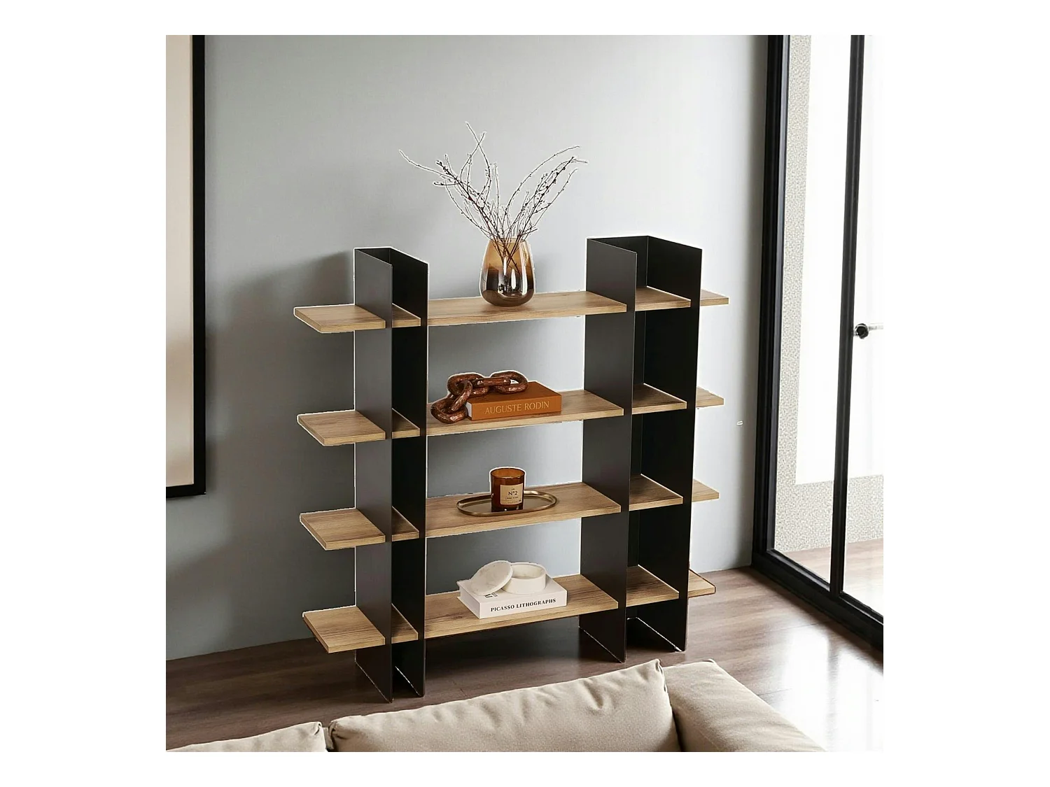 Bibliothèque étagère moderne 4 plateaux - niches noires JENA