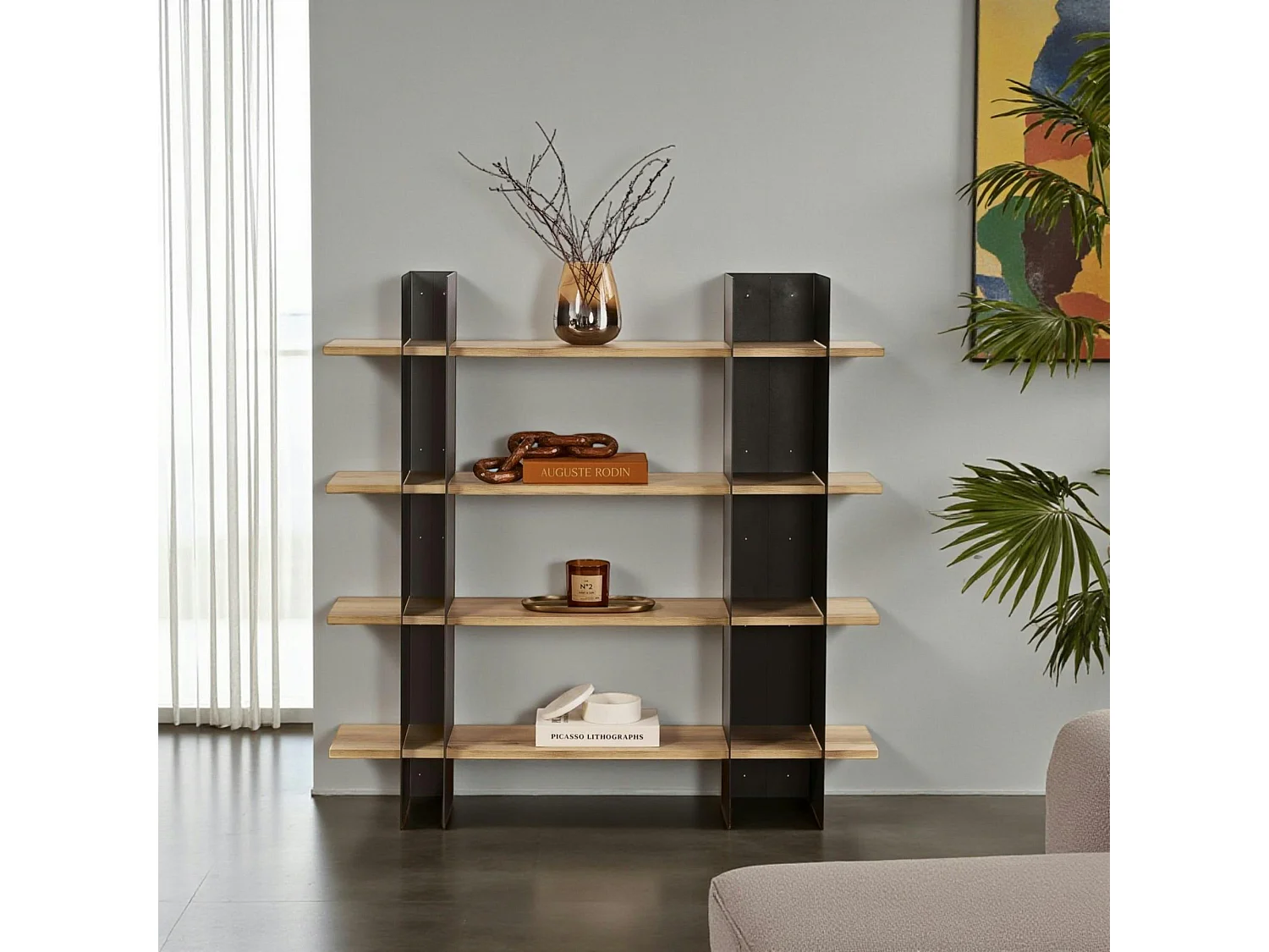Bibliothèque étagère moderne 4 plateaux - niches noires JENA