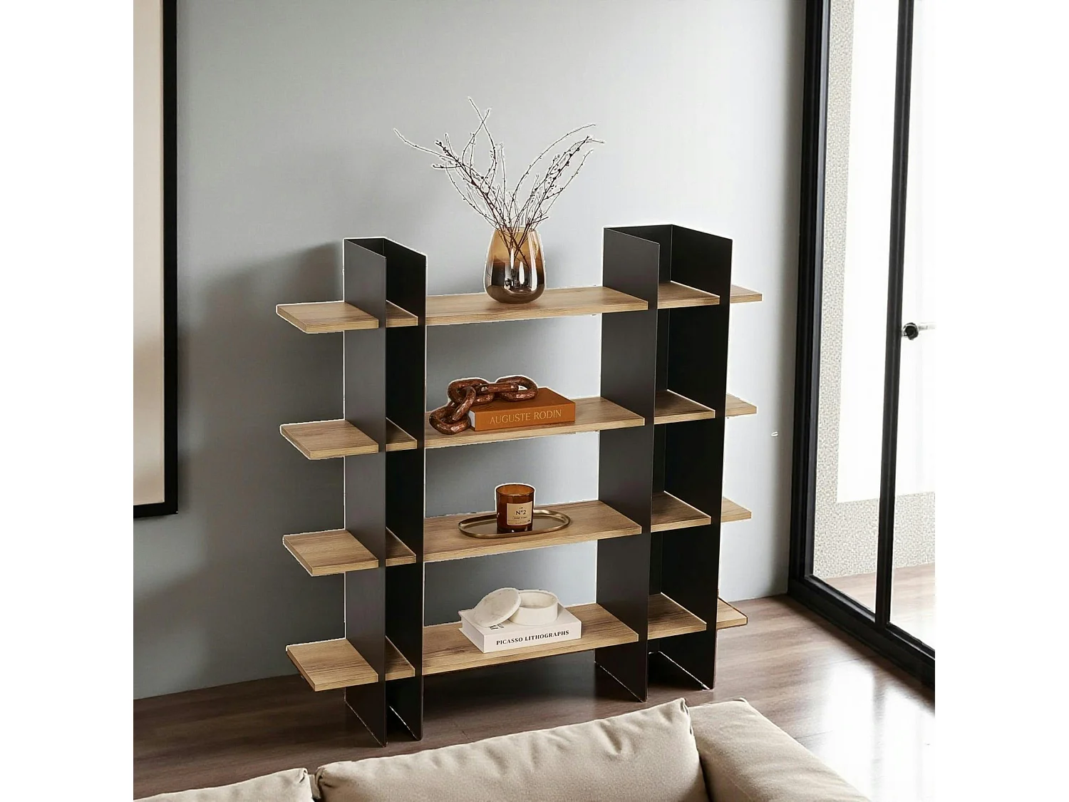 Bibliothèque étagère moderne 4 plateaux - niches noires JENA
