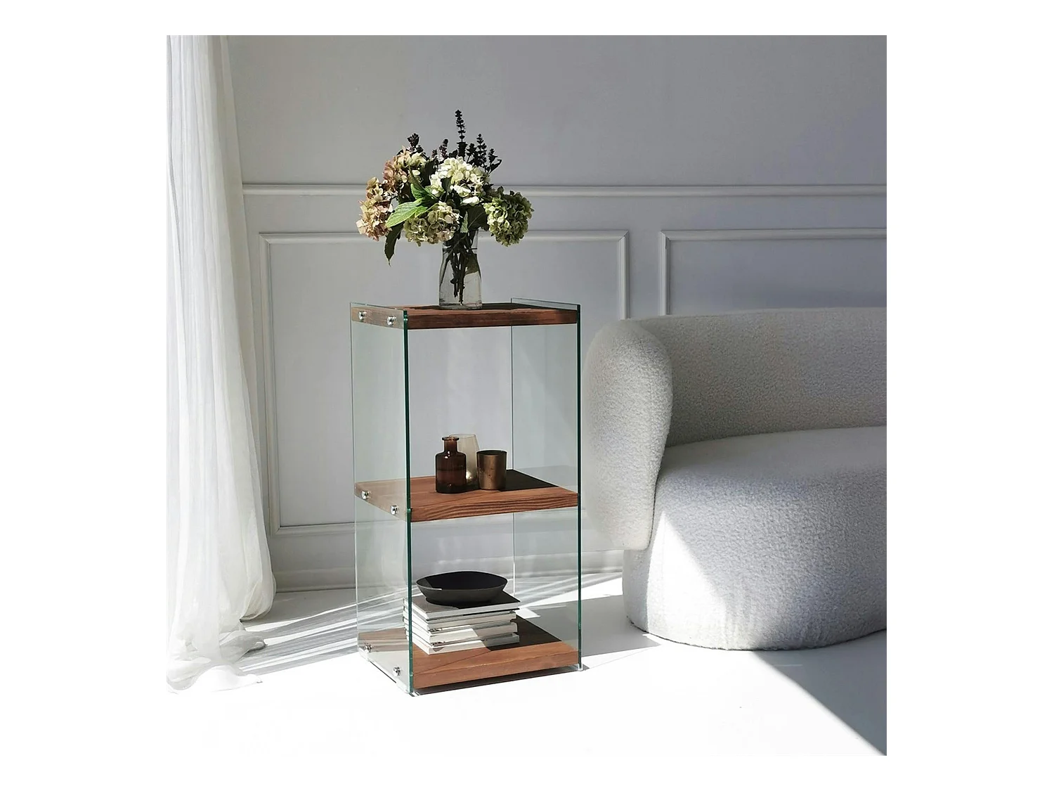Colonne vitrine design - bois marron, 3 plateaux LHASA
