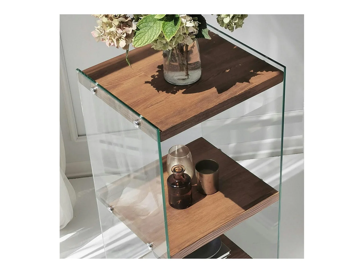 Colonne vitrine design - bois marron, 3 plateaux LHASA