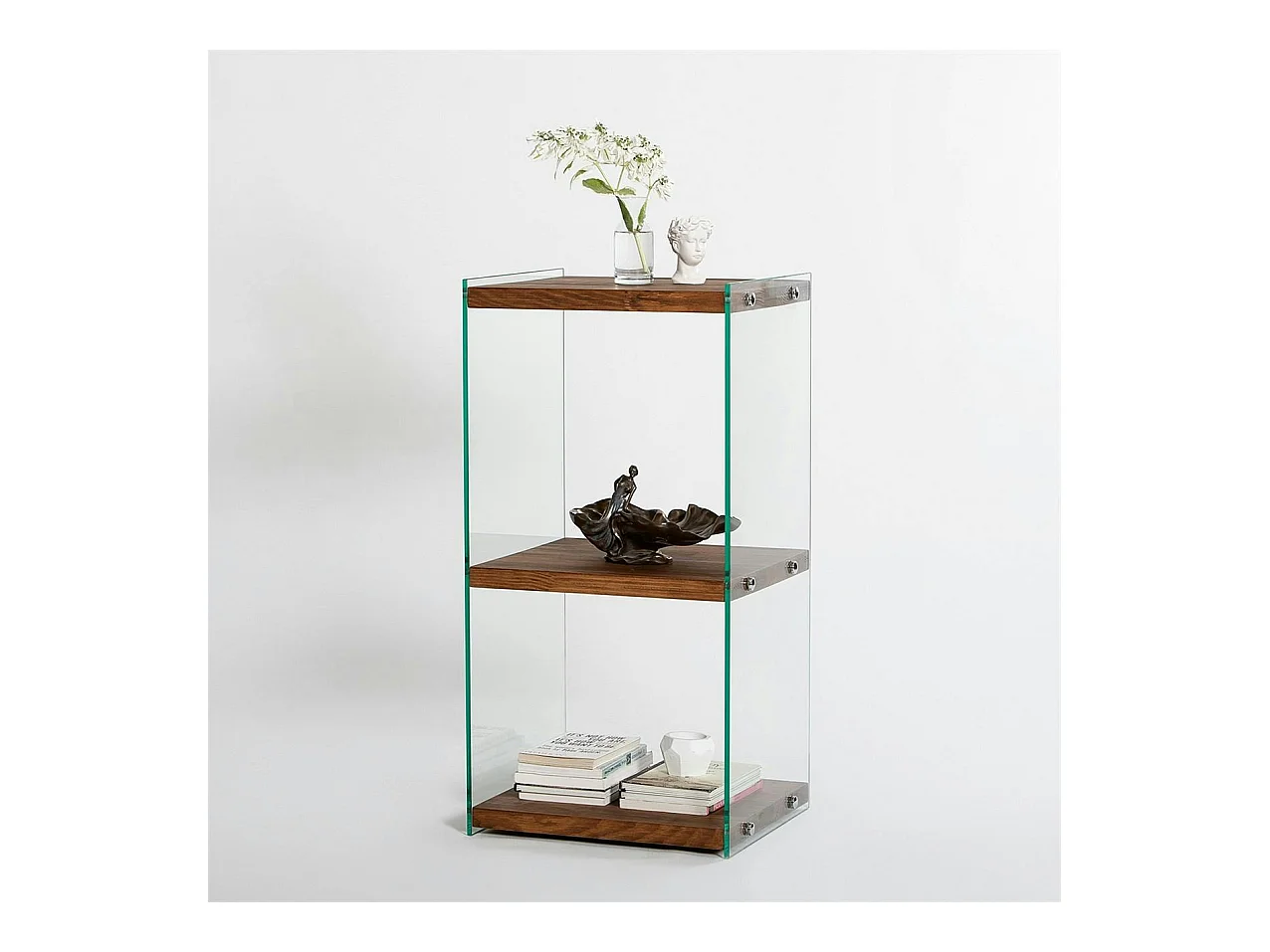 Colonne vitrine design - bois marron, 3 plateaux LHASA