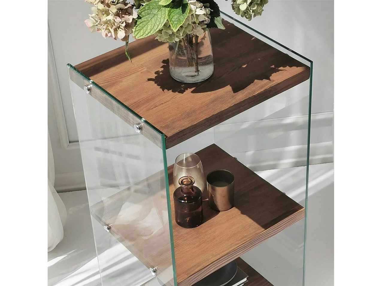 Colonne vitrine design - bois marron, 3 plateaux LHASA