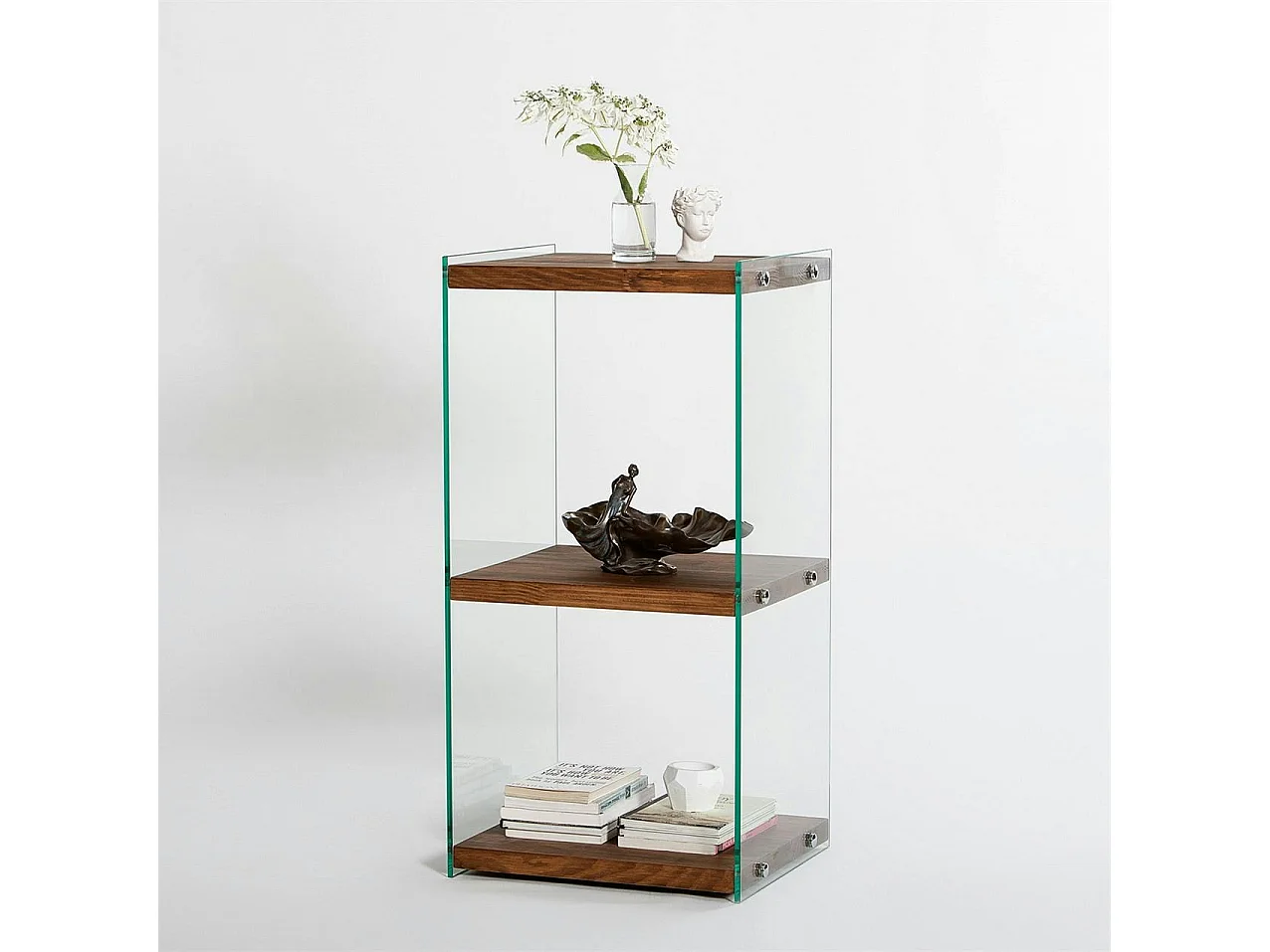 Colonne vitrine design - bois marron, 3 plateaux LHASA