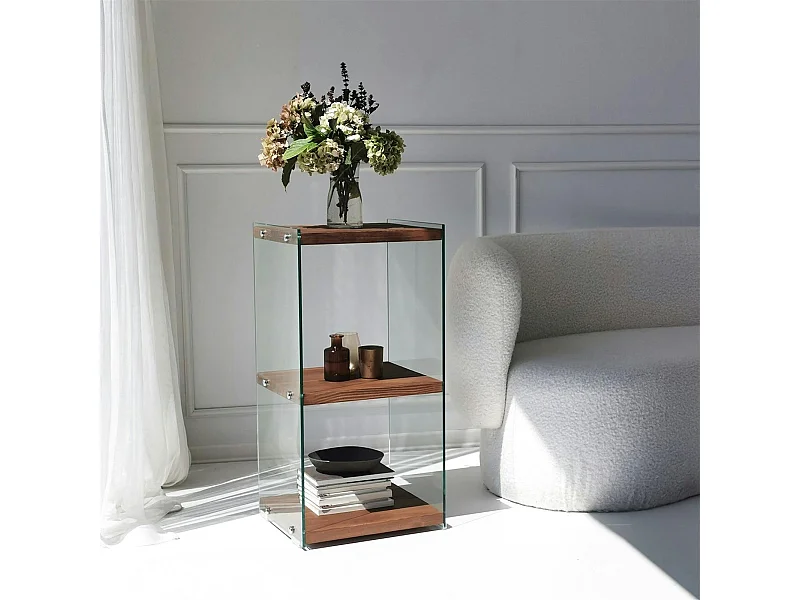 Colonne vitrine design - bois marron, 3 plateaux LHASA