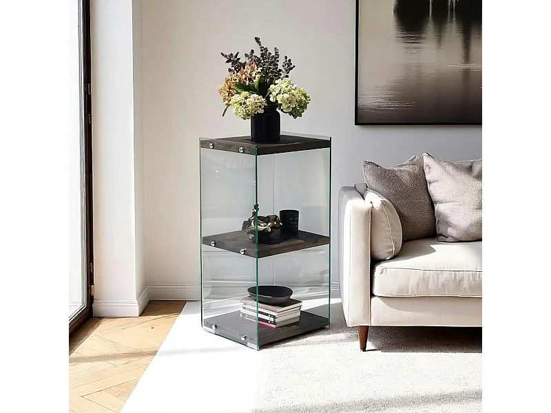 Colonne vitrine design - bois gris foncé, 3 plateaux LHASA