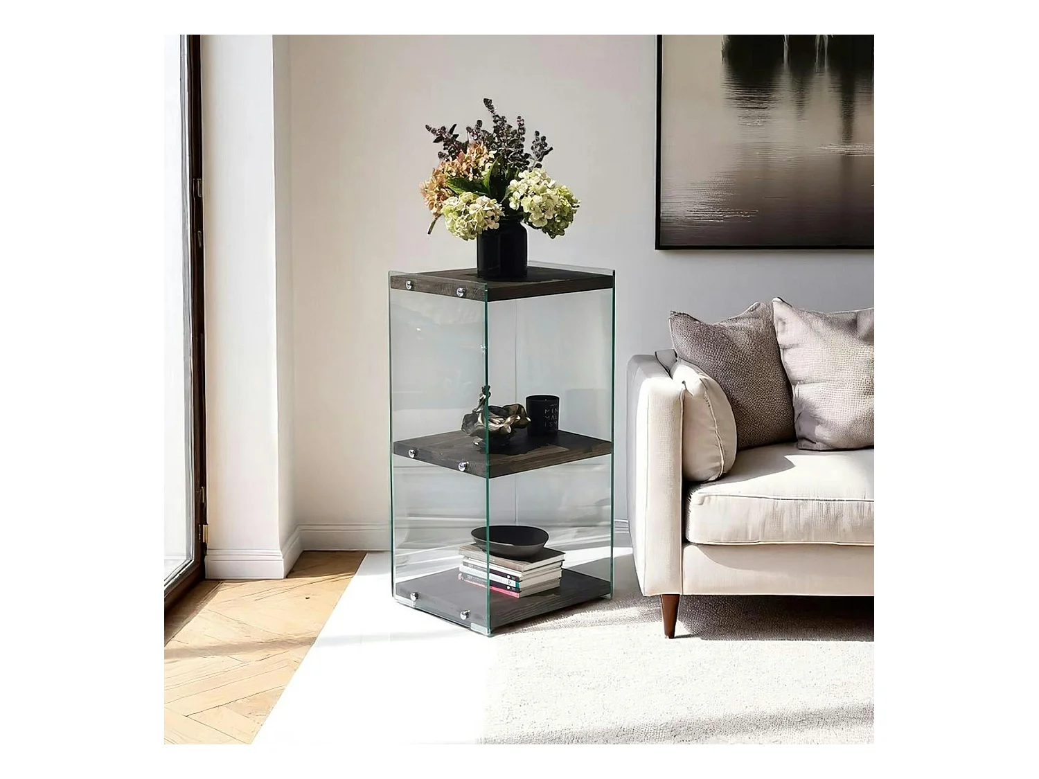 Colonne vitrine design - bois gris foncé, 3 plateaux LHASA