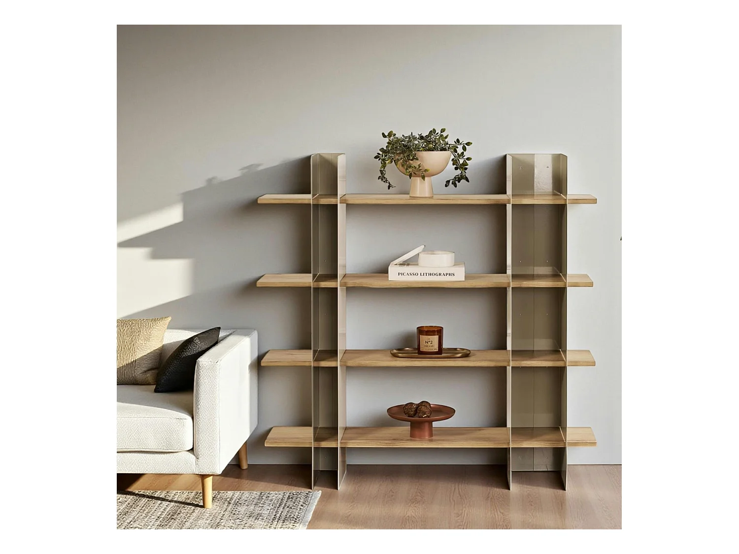 Bibliothèque étagère moderne 4 plateaux - niches taupes JENA