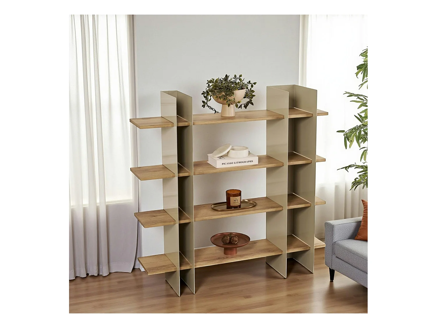 Bibliothèque étagère moderne 4 plateaux - niches taupes JENA