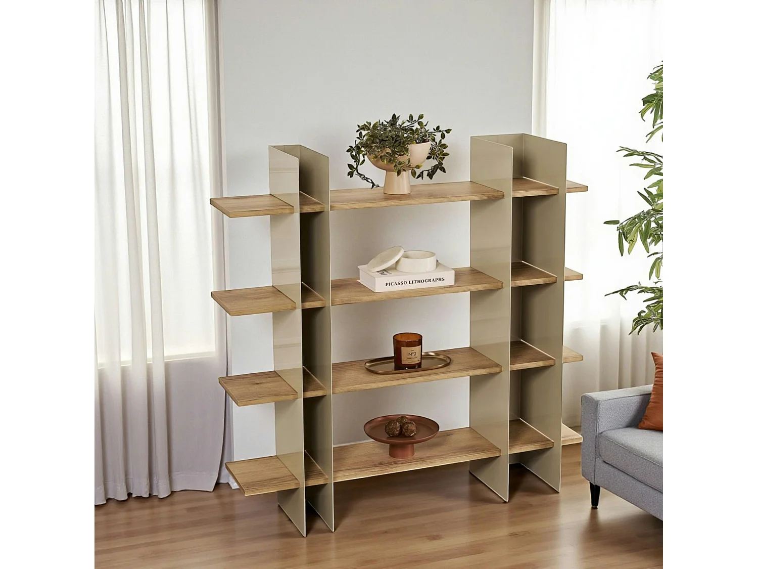 Bibliothèque étagère moderne 4 plateaux - niches taupes JENA