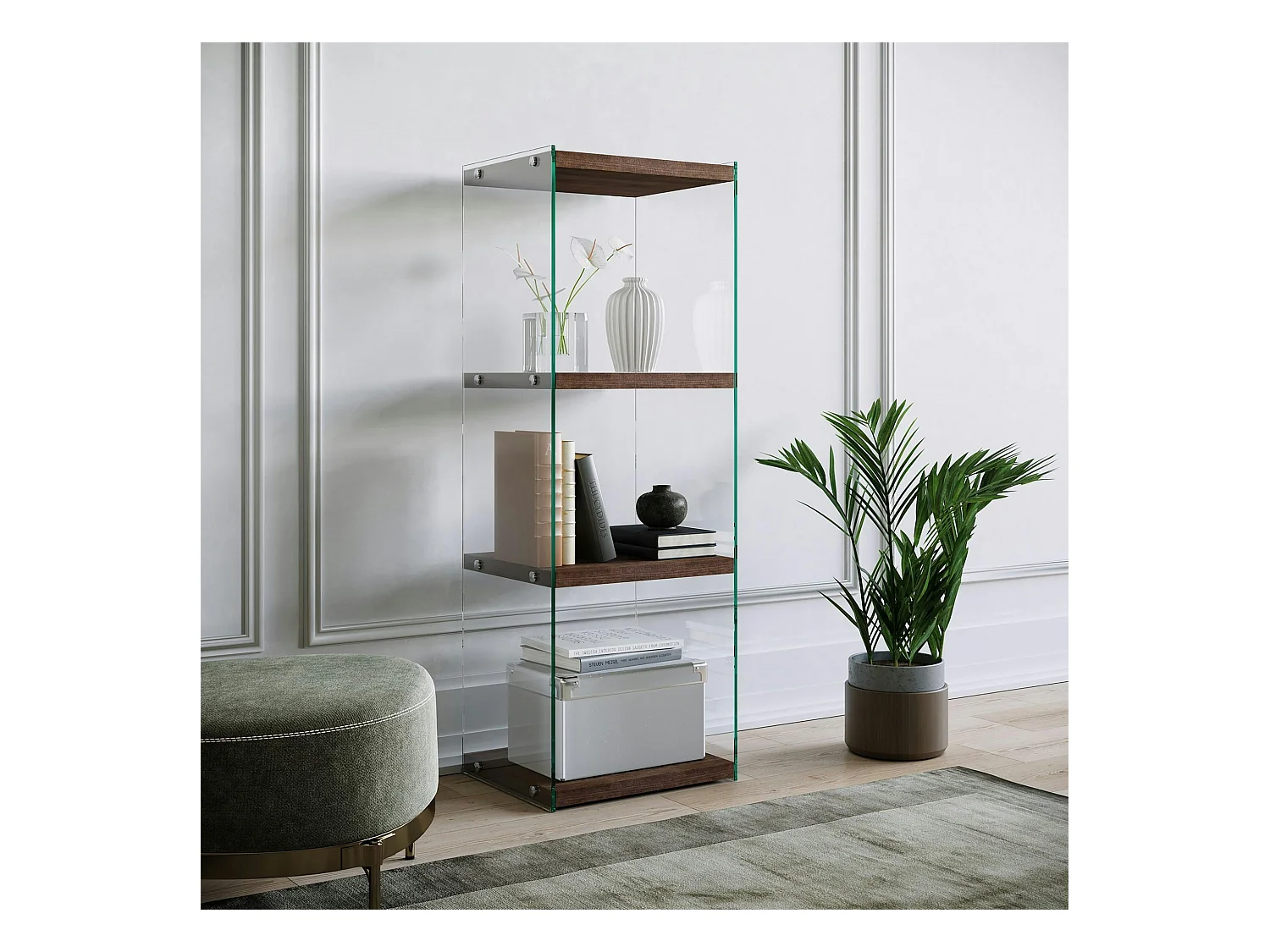 Colonne vitrine design - bois brun, 4 plateaux LHASA