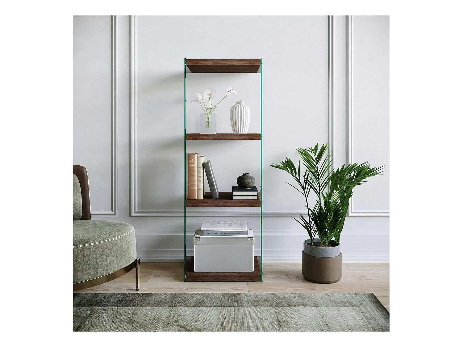 Colonne vitrine design - bois brun, 4 plateaux LHASA