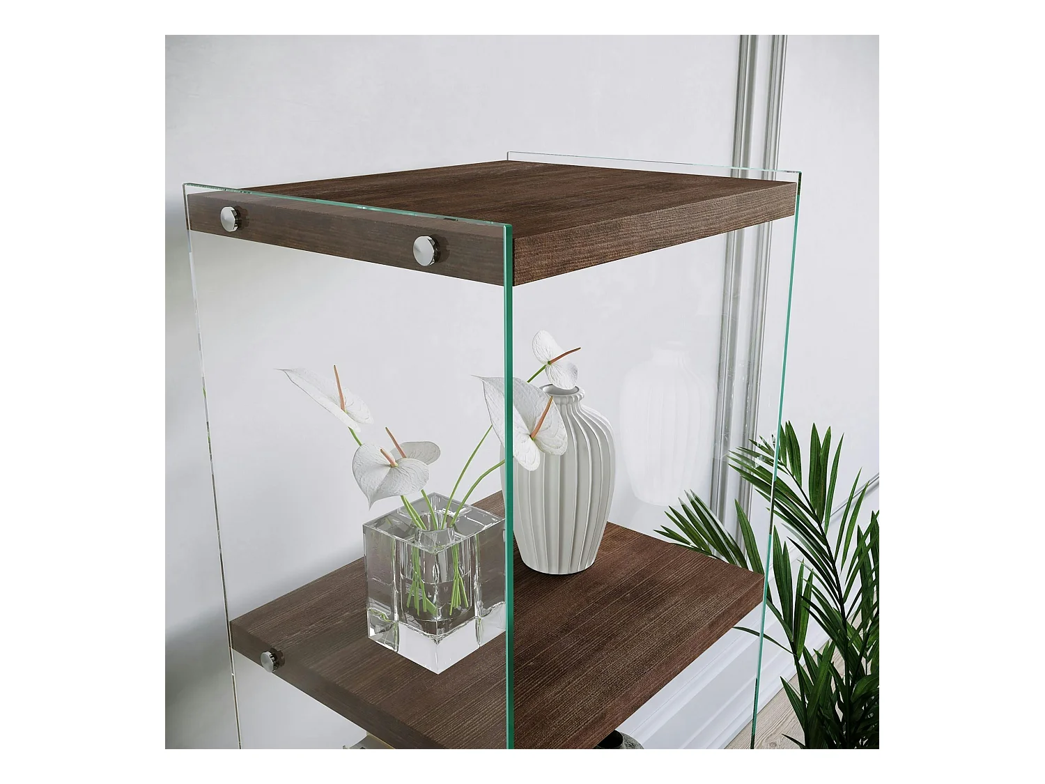 Colonne vitrine design - bois brun, 4 plateaux LHASA