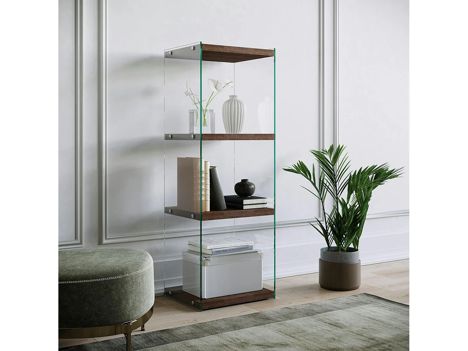 Colonne vitrine design - bois brun, 4 plateaux LHASA