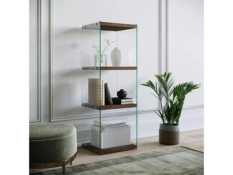 Colonne vitrine design - bois brun, 4 plateaux LHASA