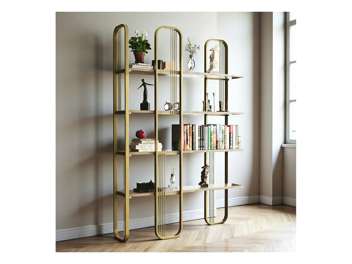 Bibliothèque étagère moderne 4 plateaux - finition dorée JENA