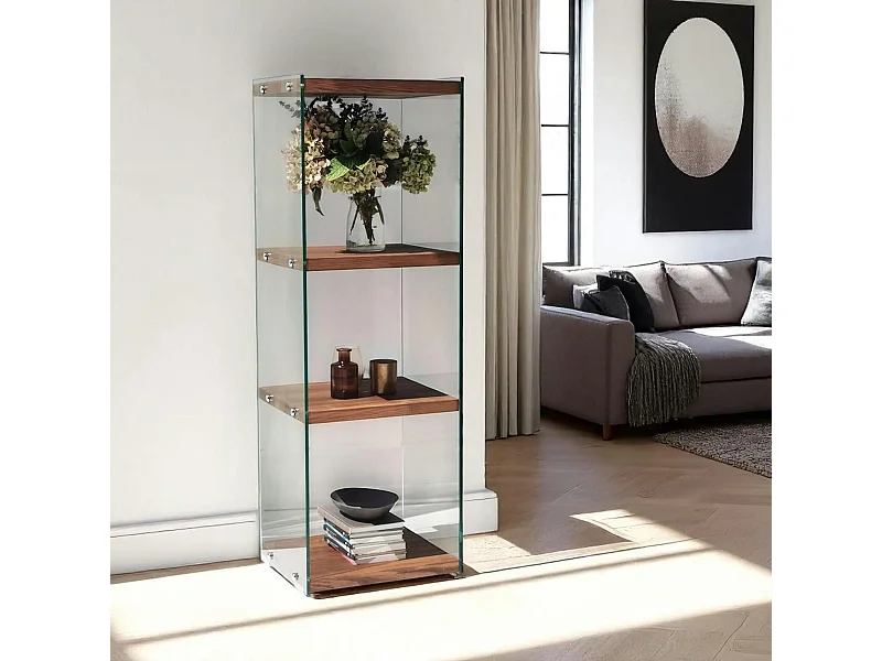 Colonne vitrine design - bois marron, 4 plateaux LHASA