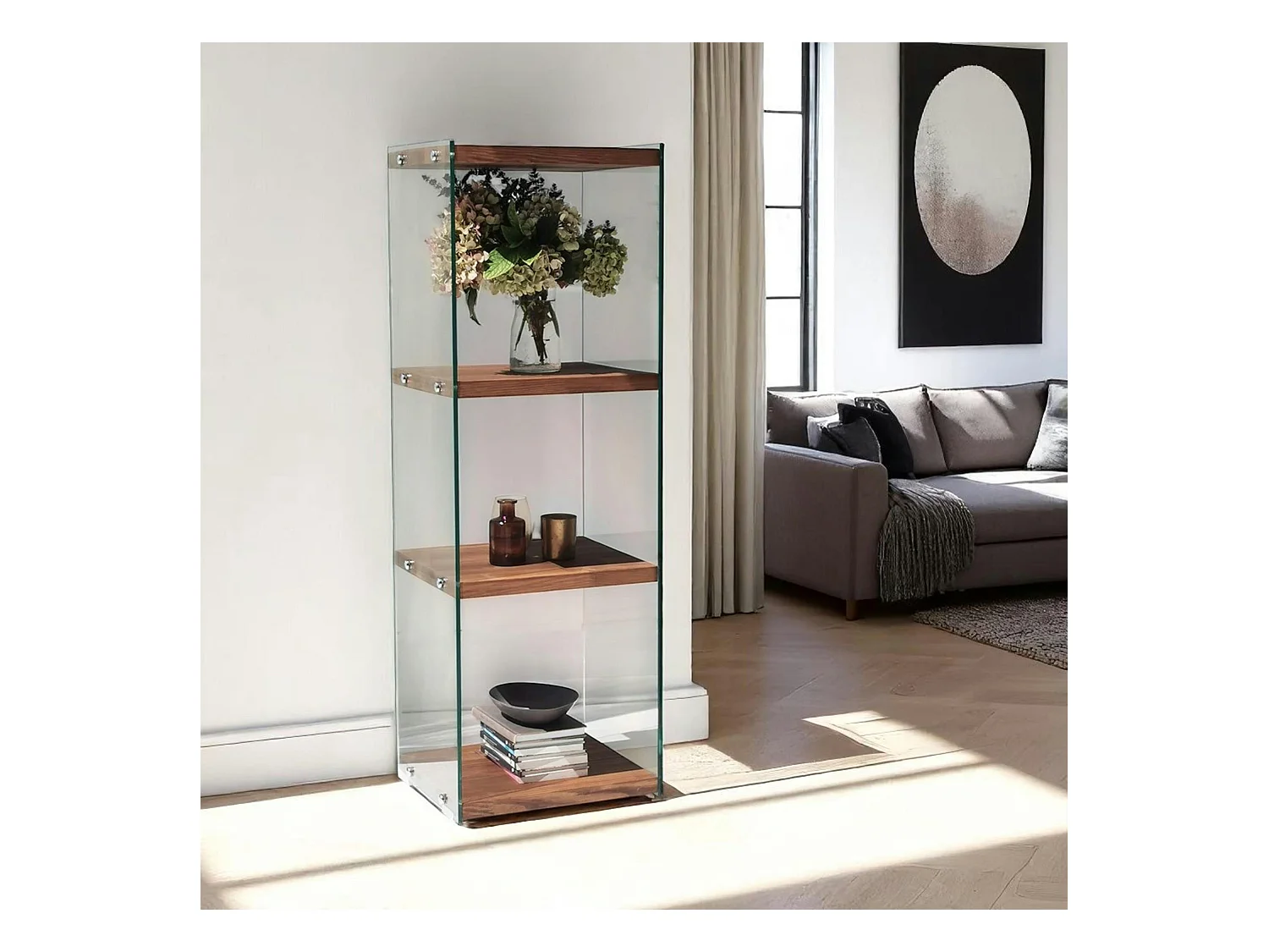 Colonne vitrine design - bois marron, 4 plateaux LHASA