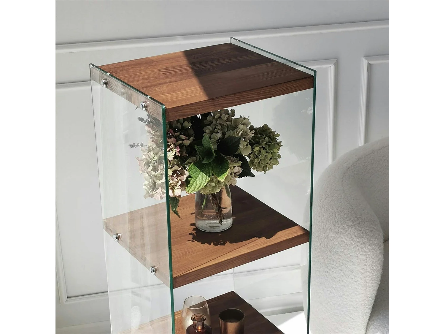 Colonne vitrine design - bois marron, 4 plateaux LHASA