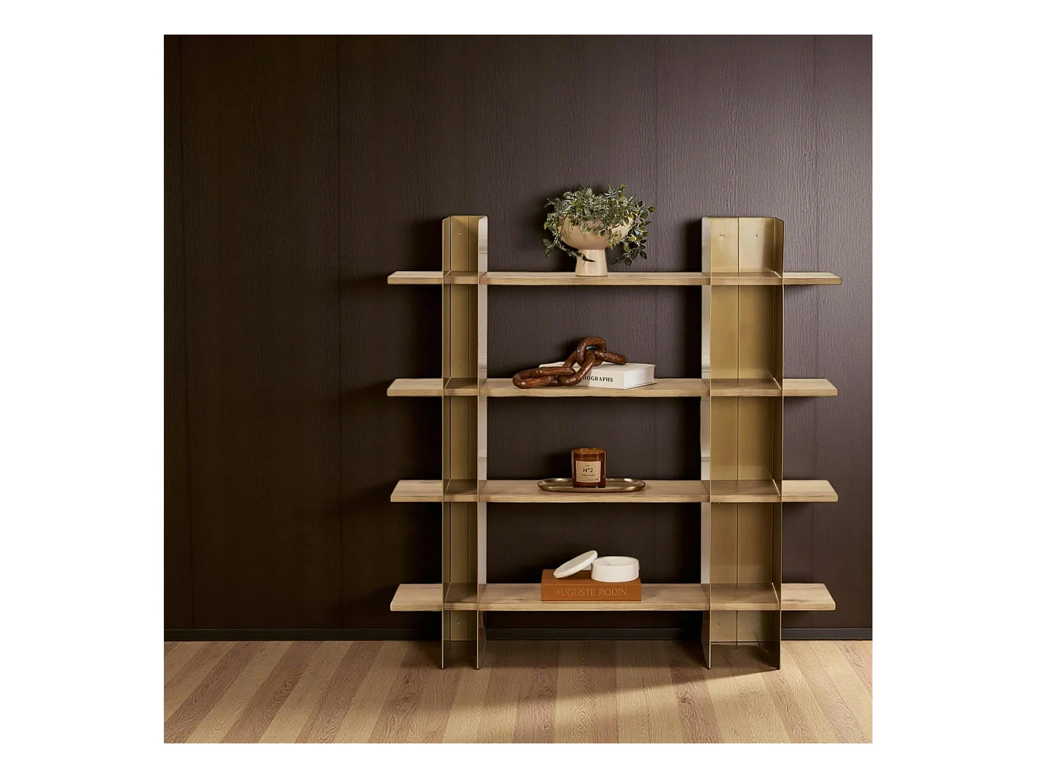 Bibliothèque étagère moderne 4 plateaux - niches dorées JENA