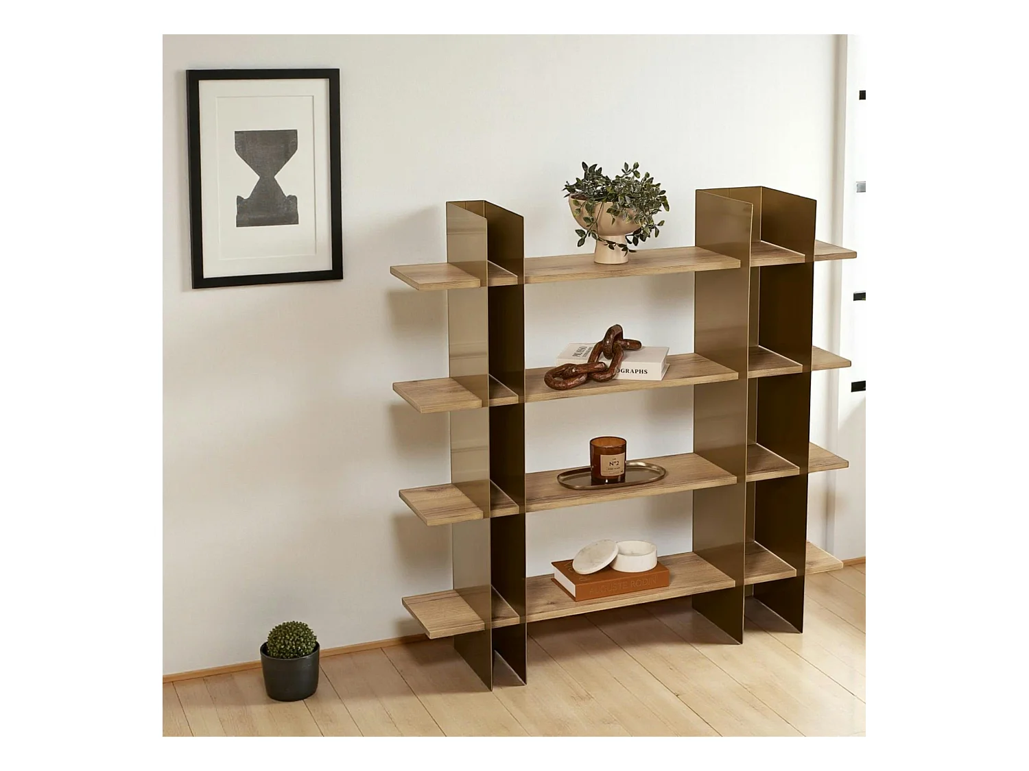 Bibliothèque étagère moderne 4 plateaux - niches dorées JENA