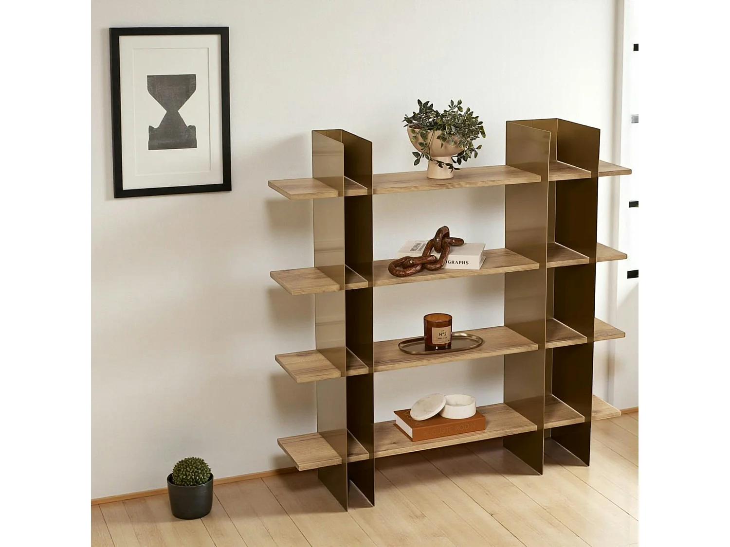 Bibliothèque étagère moderne 4 plateaux - niches dorées JENA