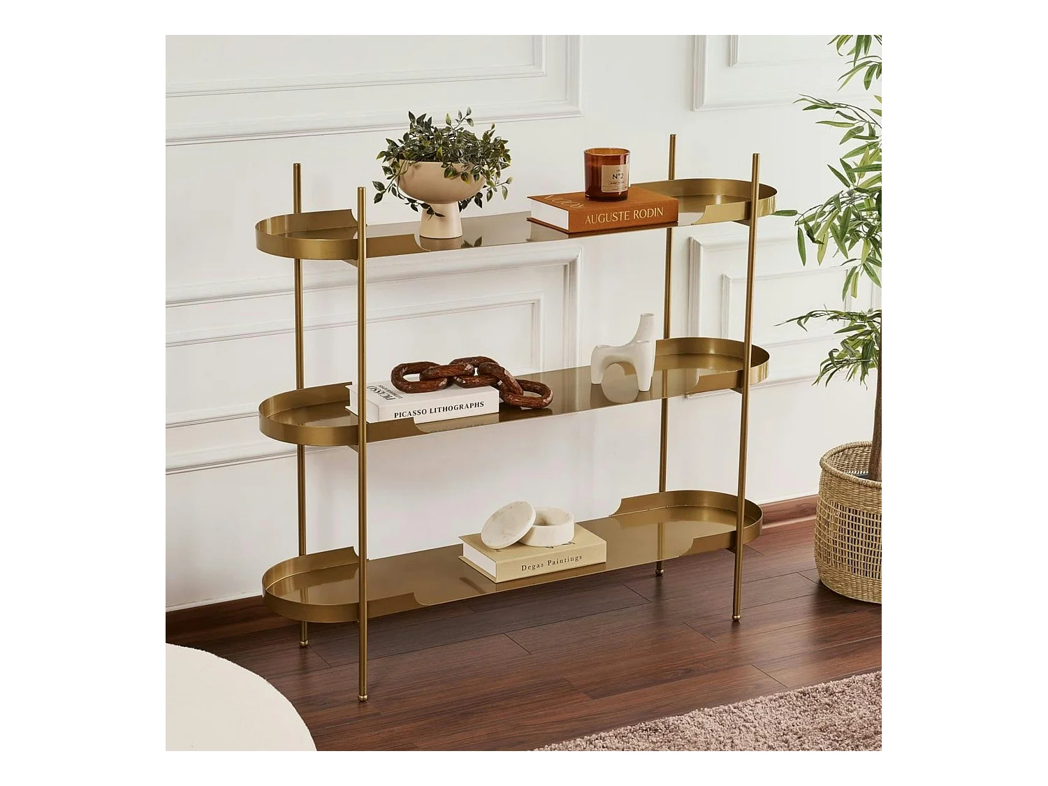 Étagère métal doré 3 plateaux bords ronds – esprit loft SFAX