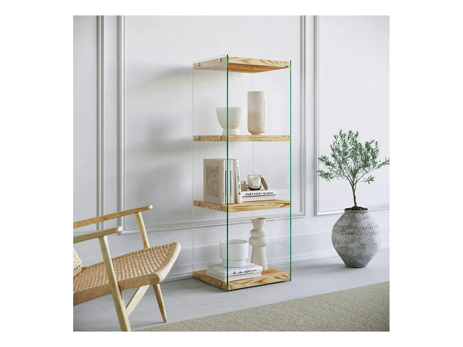 Colonne vitrine design - bois clair, 4 plateaux LHASA