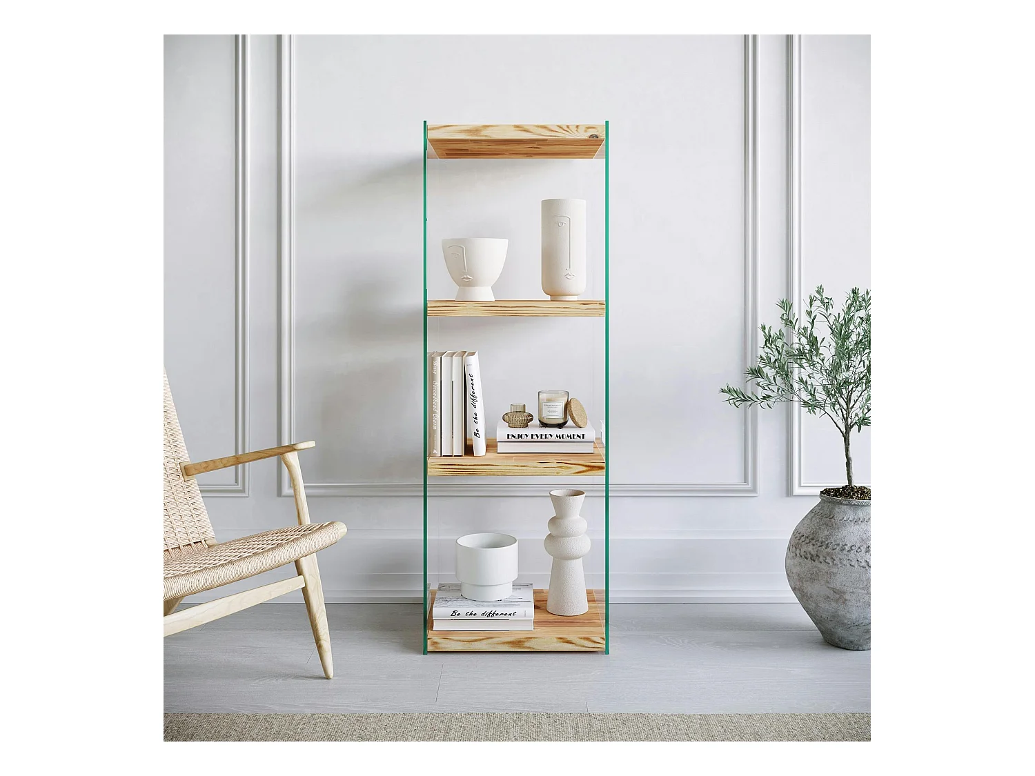 Colonne vitrine design - bois clair, 4 plateaux LHASA