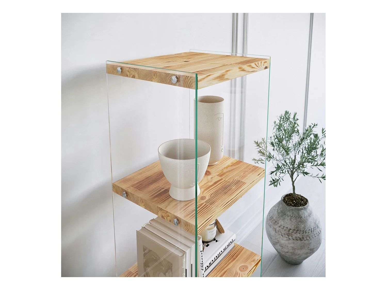 Colonne vitrine design - bois clair, 4 plateaux LHASA