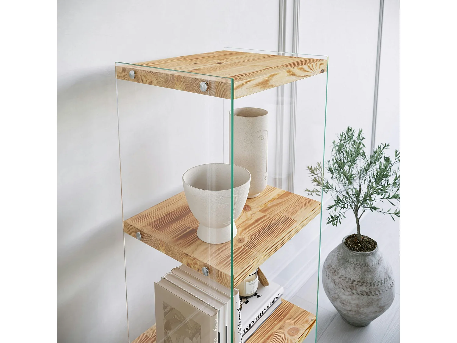 Colonne vitrine design - bois clair, 4 plateaux LHASA