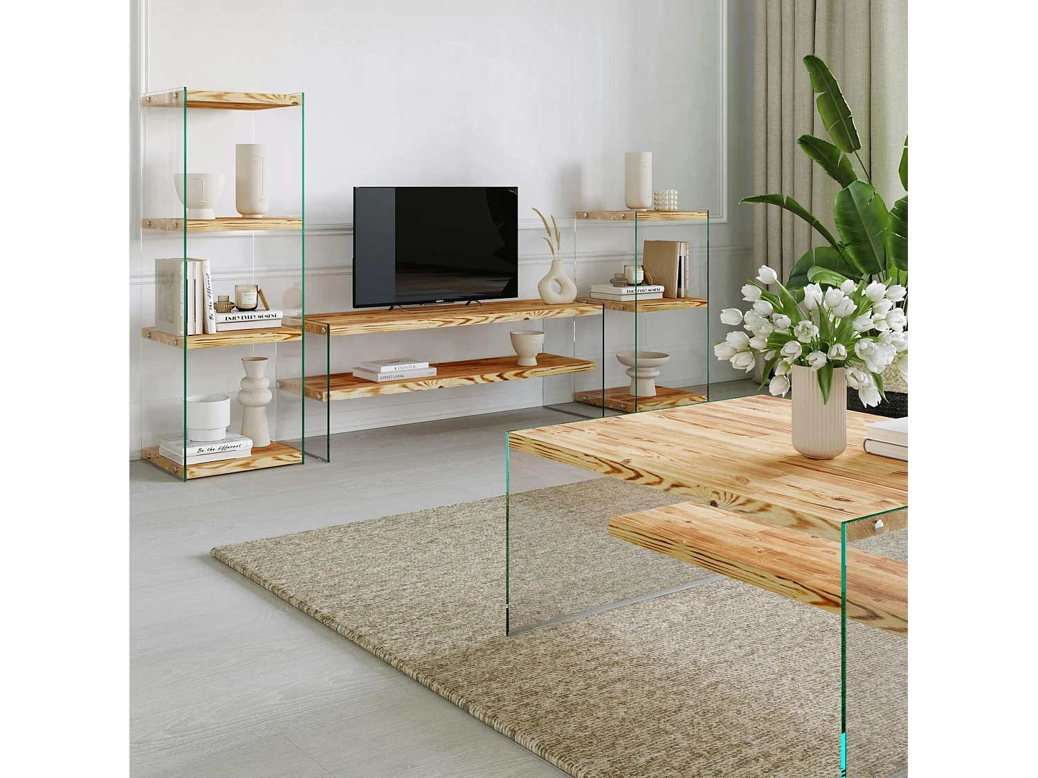 Colonne vitrine design - bois clair, 4 plateaux LHASA