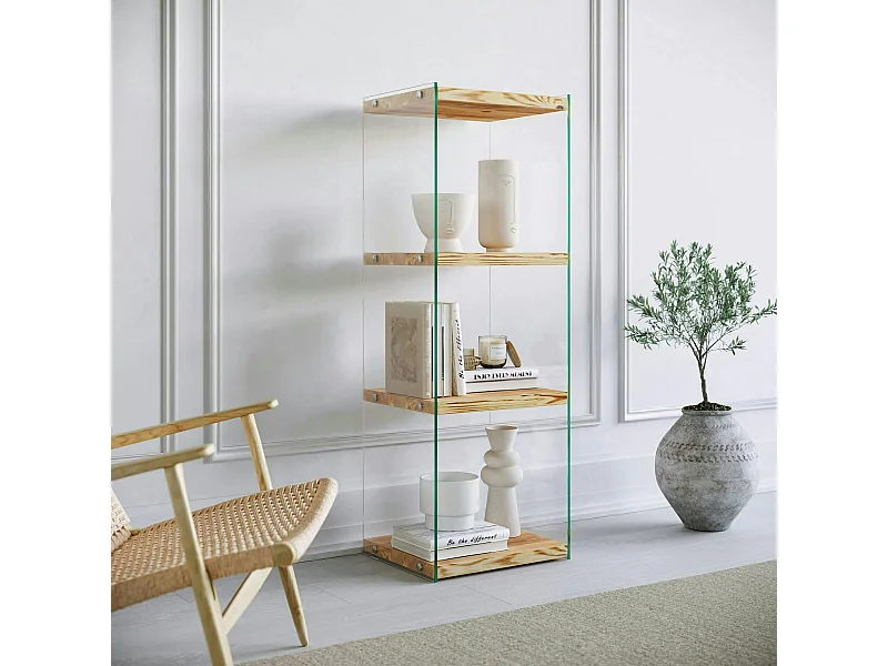 Colonne vitrine design - bois clair, 4 plateaux LHASA