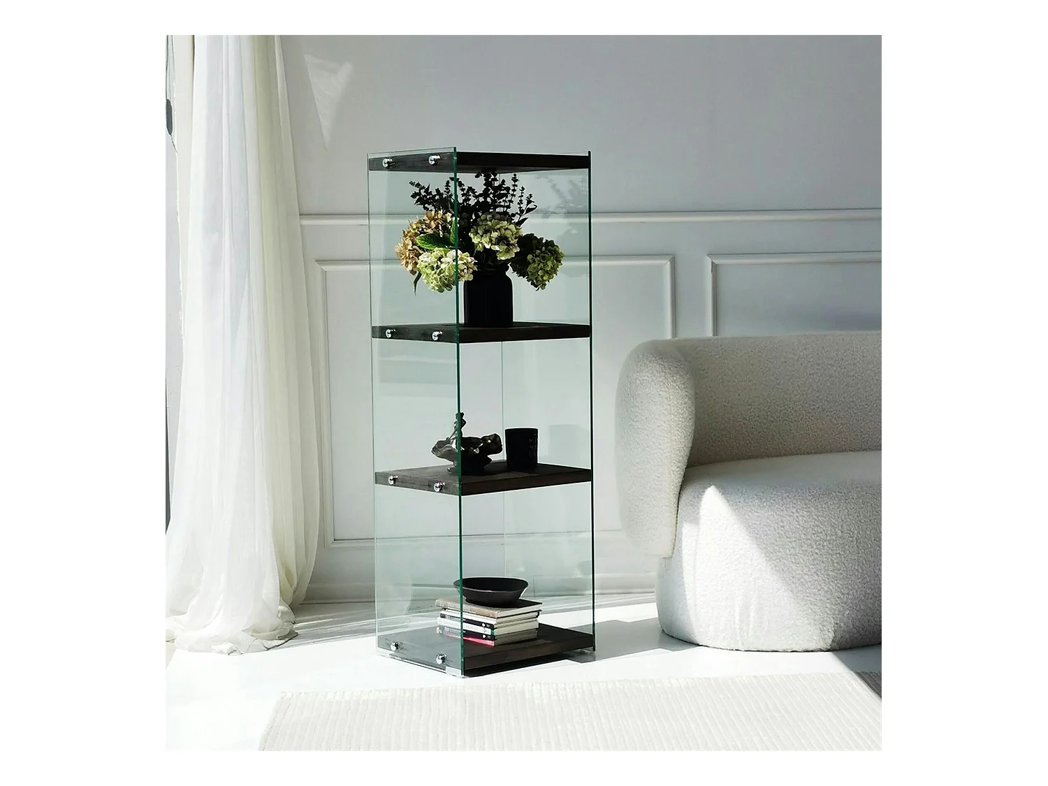 Colonne vitrine design - bois gris foncé, 4 plateaux LHASA