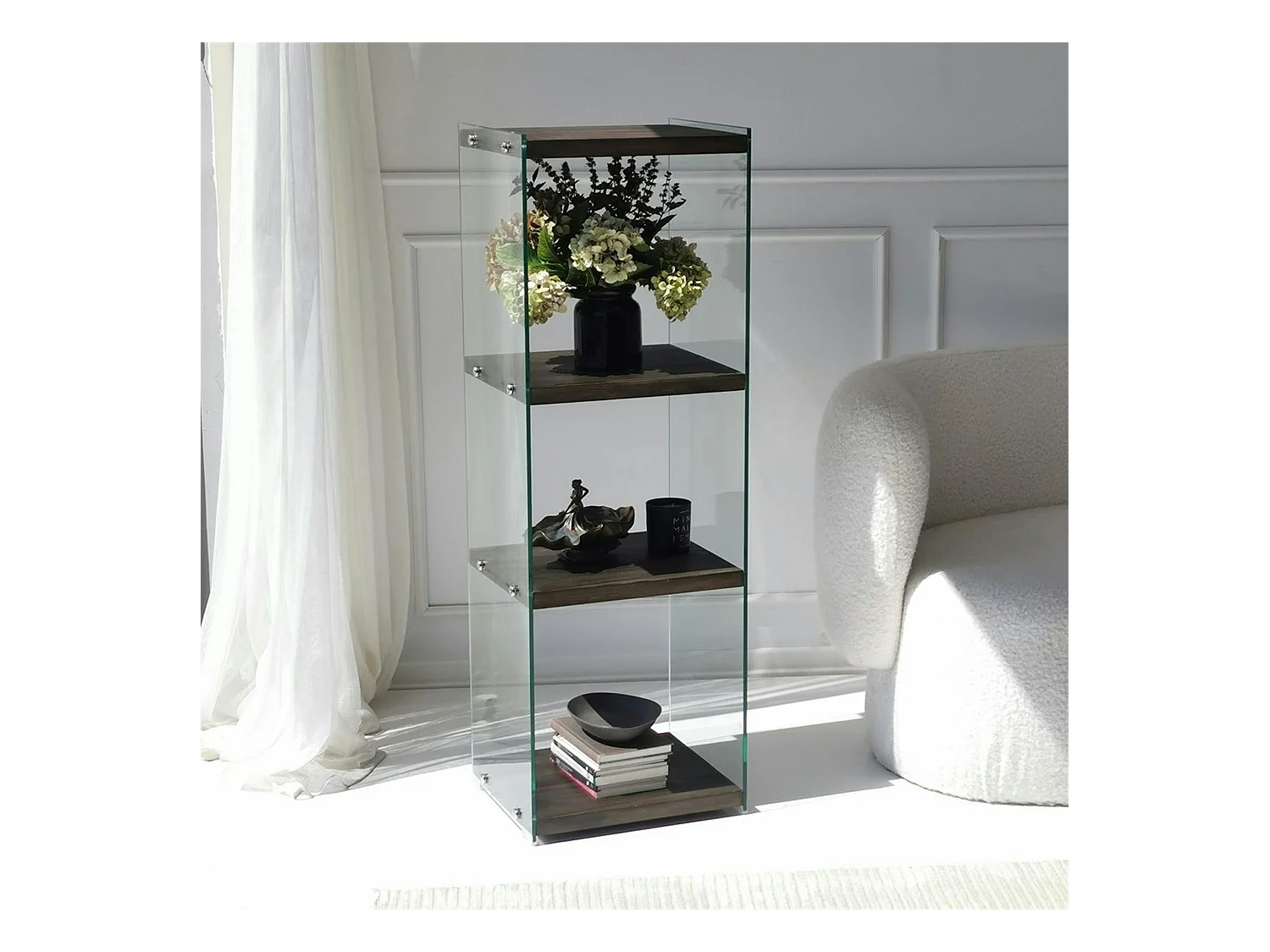 Colonne vitrine design - bois gris foncé, 4 plateaux LHASA