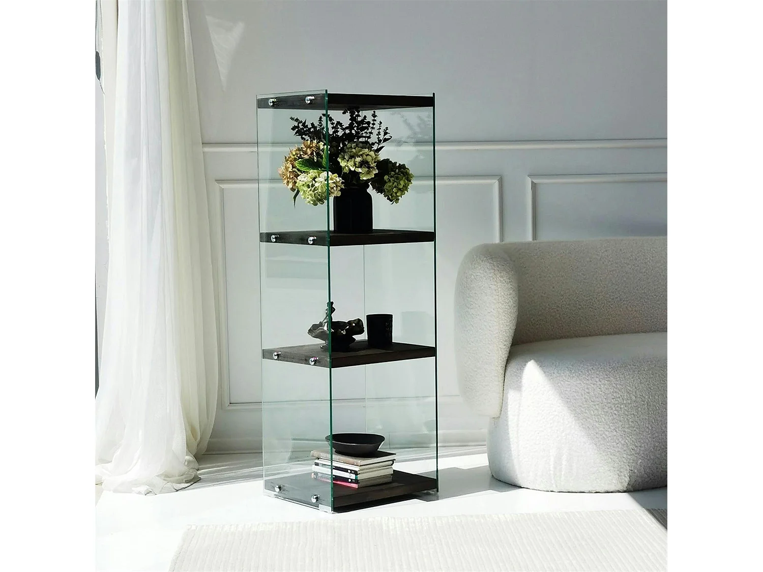 Colonne vitrine design - bois gris foncé, 4 plateaux LHASA