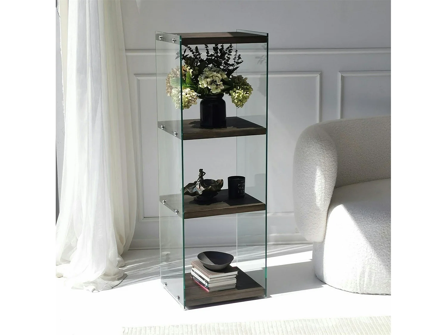 Colonne vitrine design - bois gris foncé, 4 plateaux LHASA