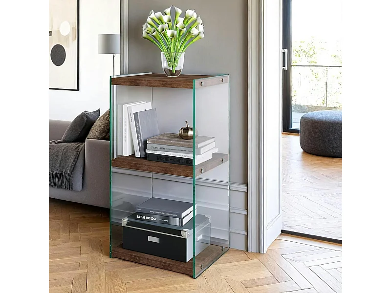 Colonne vitrine design - bois brun, 3 plateaux LHASA