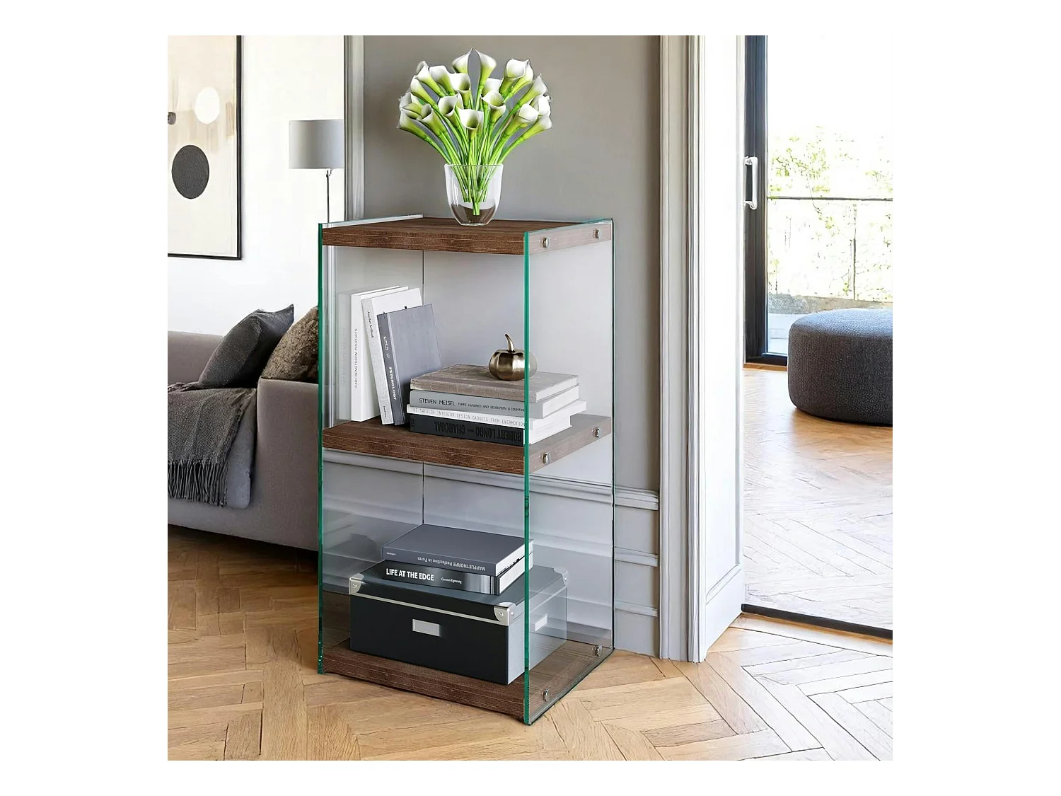 Colonne vitrine design - bois brun, 3 plateaux LHASA