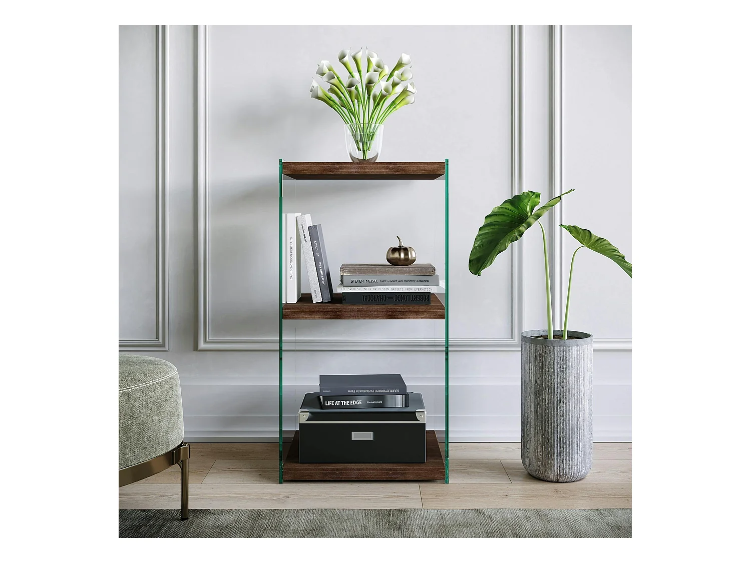 Colonne vitrine design - bois brun, 3 plateaux LHASA