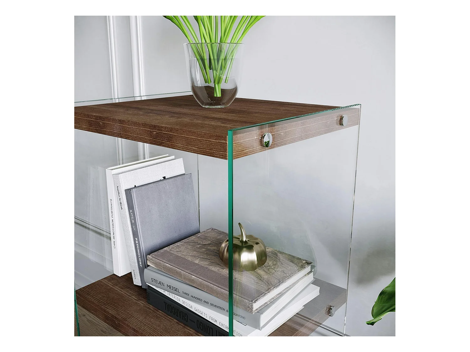 Colonne vitrine design - bois brun, 3 plateaux LHASA