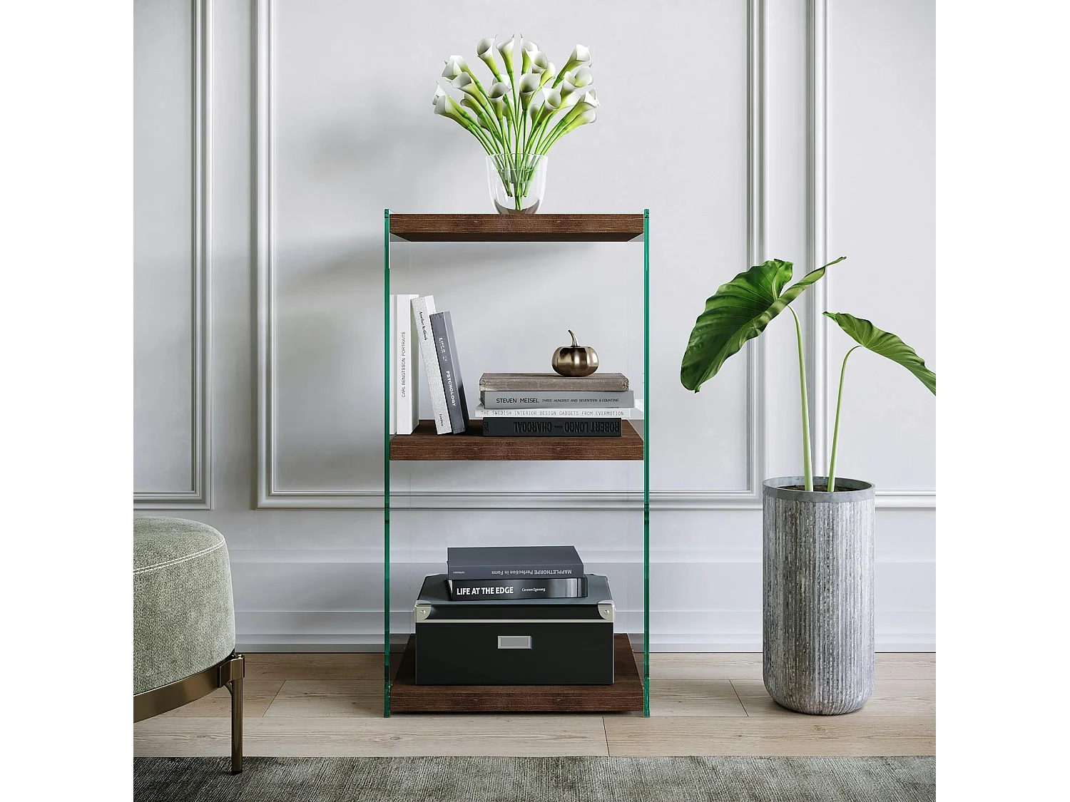 Colonne vitrine design - bois brun, 3 plateaux LHASA