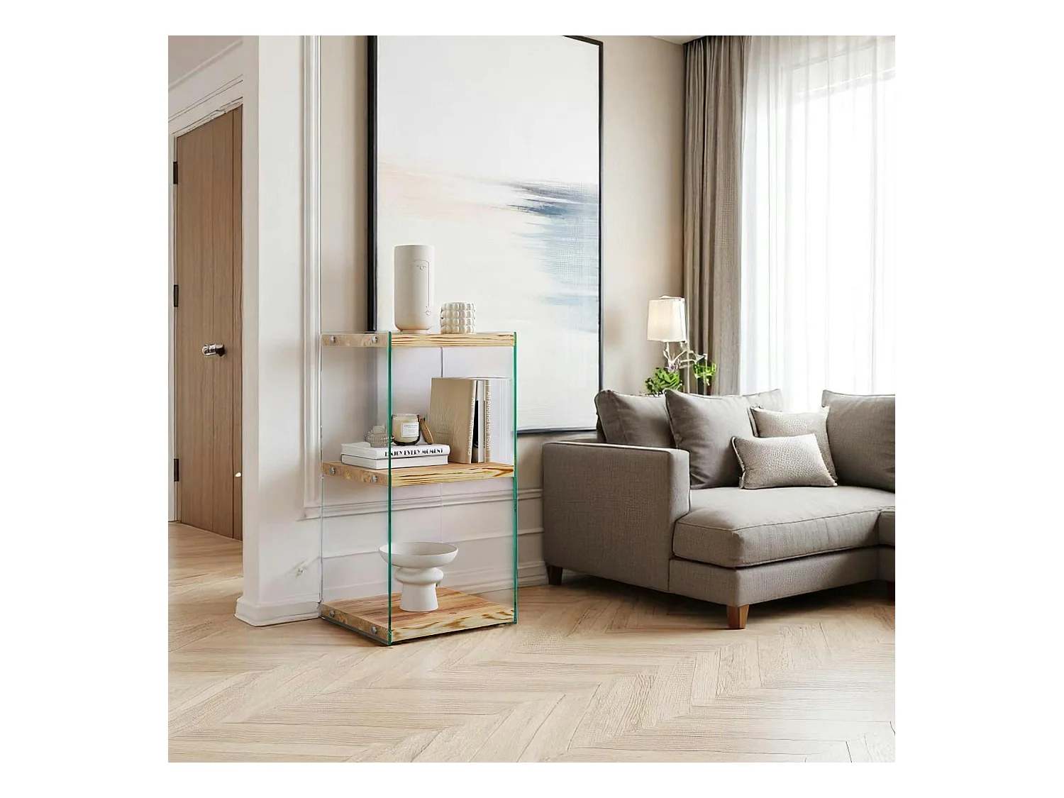 Colonne vitrine design - bois clair, 3 plateaux LHASA