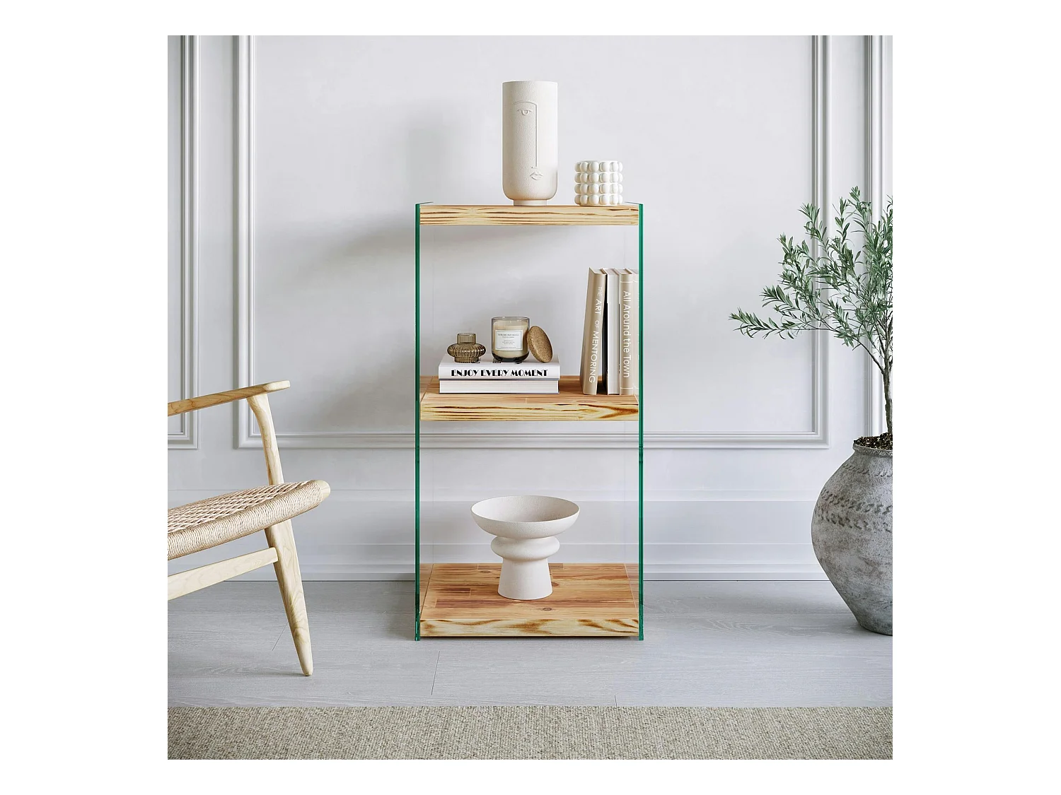Colonne vitrine design - bois clair, 3 plateaux LHASA