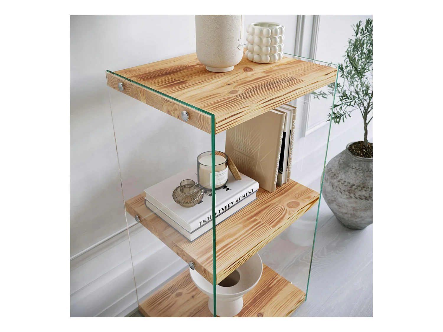 Colonne vitrine design - bois clair, 3 plateaux LHASA