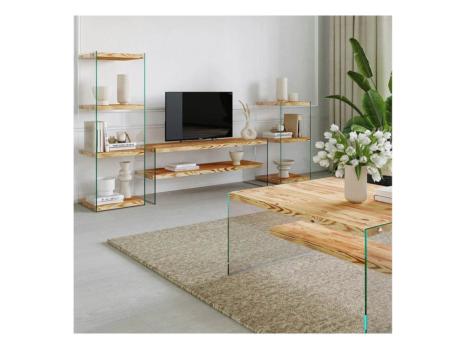 Colonne vitrine design - bois clair, 3 plateaux LHASA